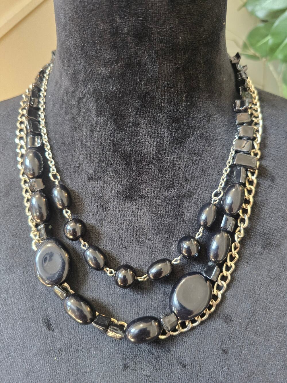 Black Gray Multi Strand Chain Beaded Statement Necklace